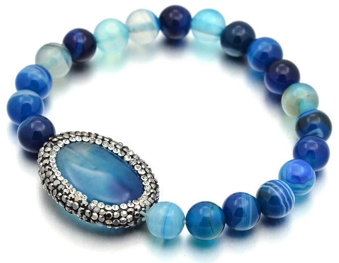 Blauw edelstenen armband met stras steentjes, elastisch | Bling Oval Blue Striped Agate