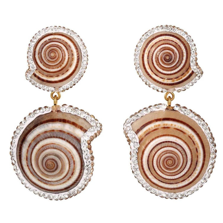 Schelpen oorbellen met wit bruine schelp en stras steentjes | Oorknoppen met schelp | Bright Double Natural Shell