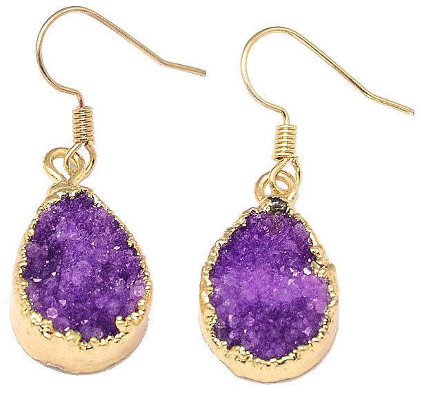 Paarse edelstenen oorbellen met kristallen en goud edelstaal | Golden Druzy Violet