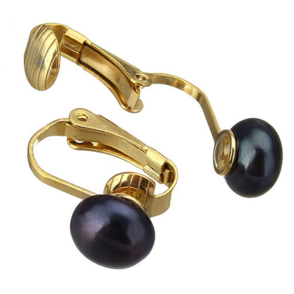 Zoetwater parel clips oorbellen met blauw zwarte parel en goud edelstaal, open parel clips oorbellen | Gold Black Clip Pearl 8 mm