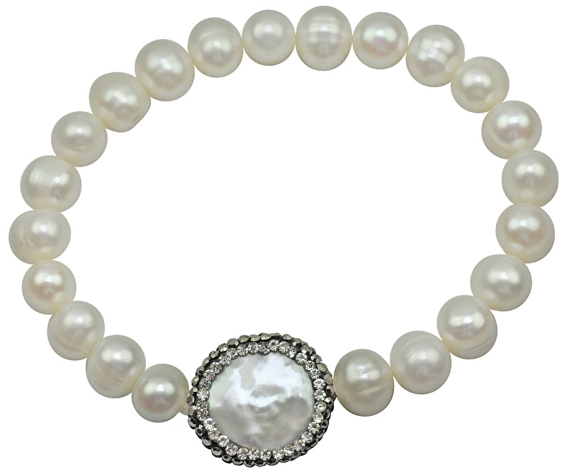 Wit zoetwater parel armband met stras steentjes, elastisch | Bling Coin Pearl