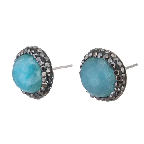 Blauwe edelstenen oorknoppen met agaat, stras steentje en zilver edelstaal | Black Bright Clear Blue Agate