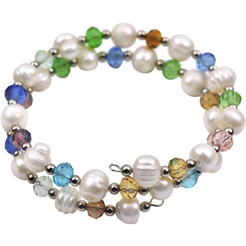 Wit zoetwater parel wikkelarmband met gekleurde kristallen | Multi Glass Pearl