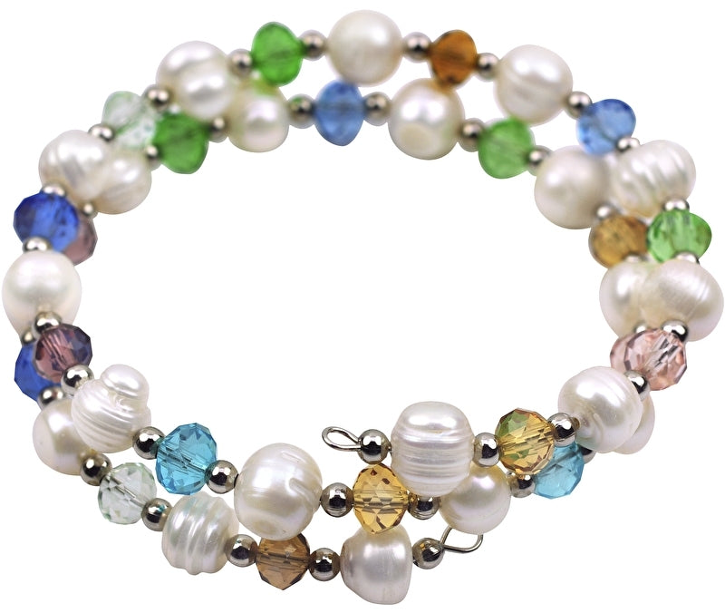 Wit zoetwater parel wikkelarmband met gekleurde kristallen | Multi Glass Pearl