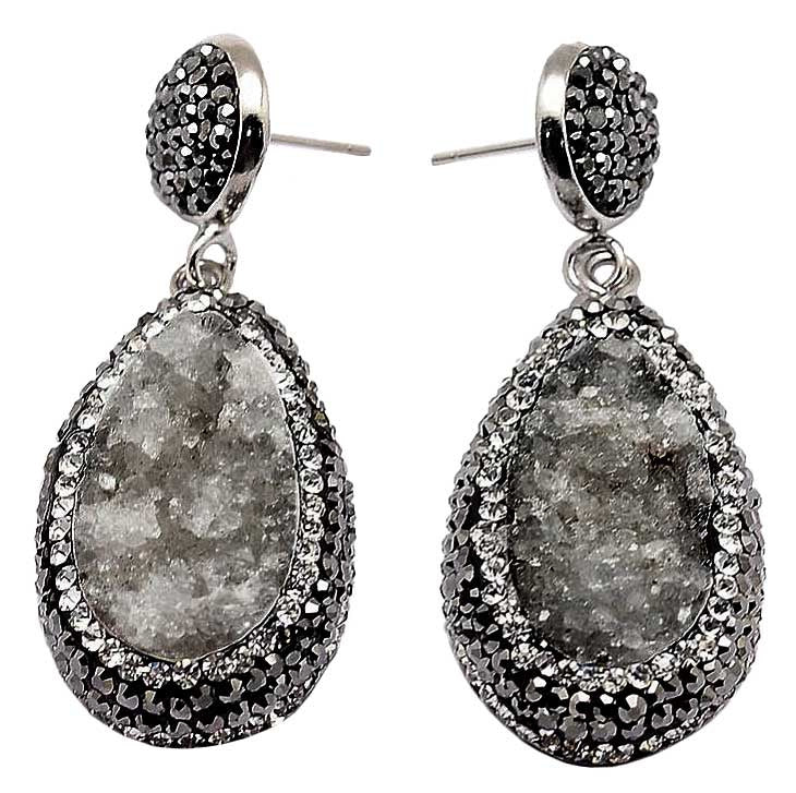 Grijze edelstenen oorbellen met druzy agaat en stras steentjes, oorknopjes | Bright Teardrop Druzy Agate