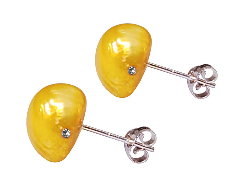 Gele zoetwater parel oorbellen met sterling zilver (925), oorknopje, zijaanzicht | Little Bling Bold Yellow Pearl
