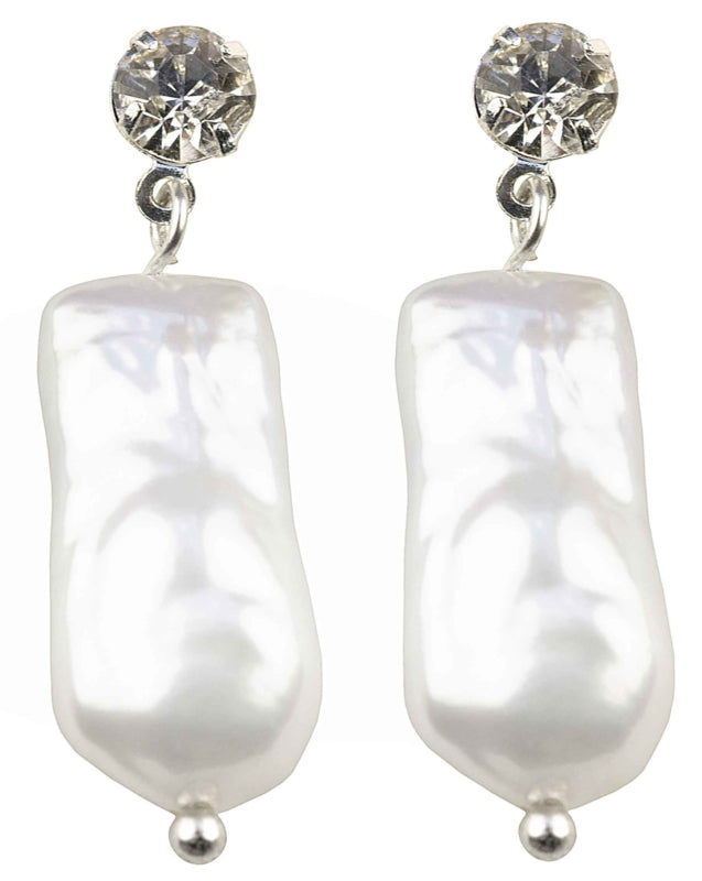 Witte zoetwater parel oorbellen met rechthoekige witte parel en stras steentje | Bling Pearl Rectangle White