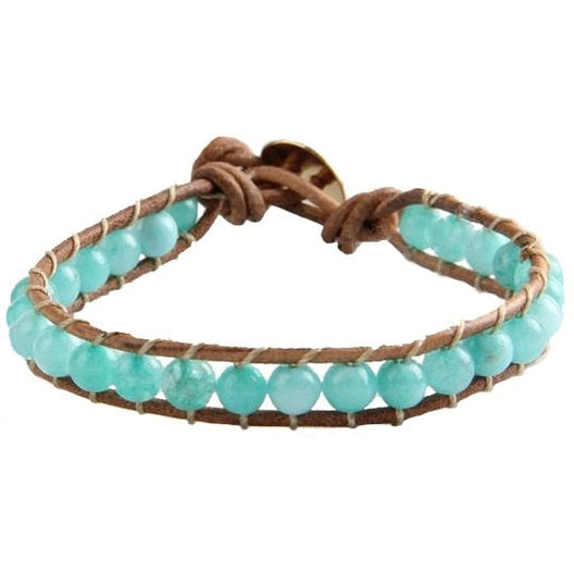 Groen edelstenen armband met aquamarijn en bruin leer | Wrap Green Aquamarine