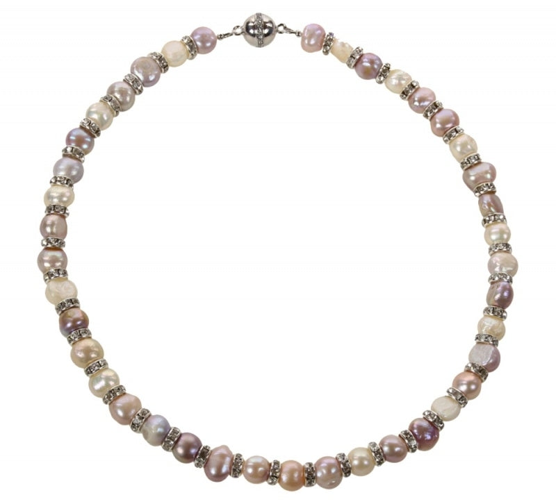 Zoetwater parelketting met witte, roze en zalmkleurige parels, stras steentjes en magneetslotje | Bling Pearl Soft Colors