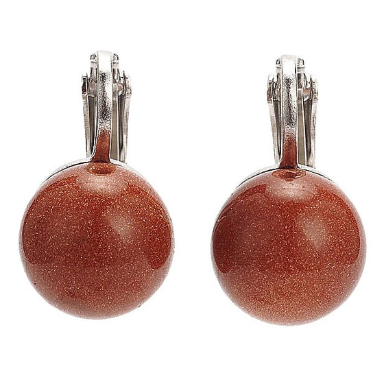 Bruine edelstenen clips oorbellen met goudvuur, goudsteen clips oorbellen, vooraanzicht | Goldstone Clips