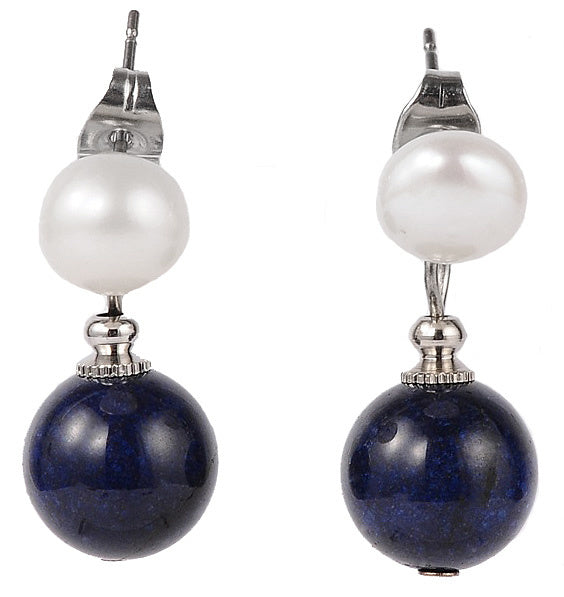 Zoetwater parel oorbellen met witte parel en lapis lazuli | Pearl Stud Lapis Lazuli