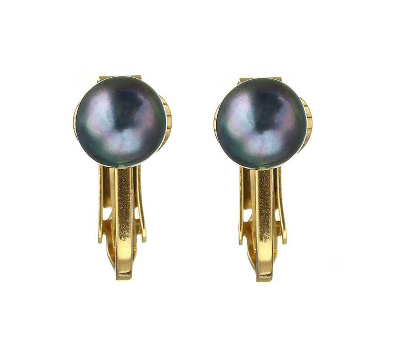 Kleine grijze zoetwater parel clips oorbellen met goud edelstaal, vooraanzicht | Gold Grey Clip Pearl 6 mm