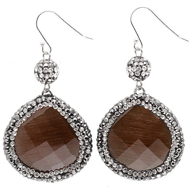 Bruine edelstenen oorbellen met kattenoog, stras steentjes en sterling zilver (925) | Bright Brown Cat’s Eye