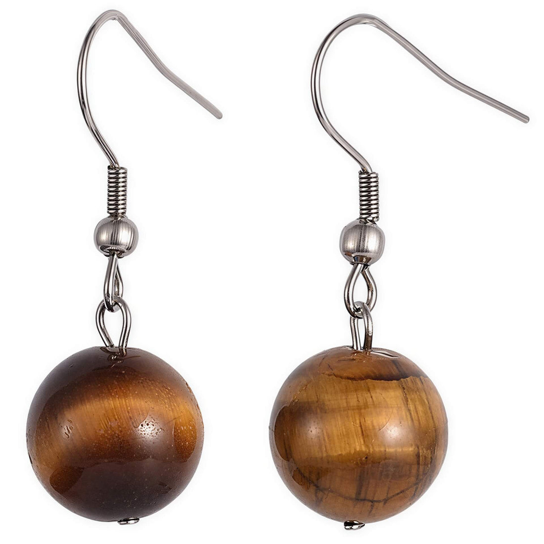 Bruine edelstenen oorbellen met tijgeroog en zilver edelstaal | Dangling Tiger Ball
