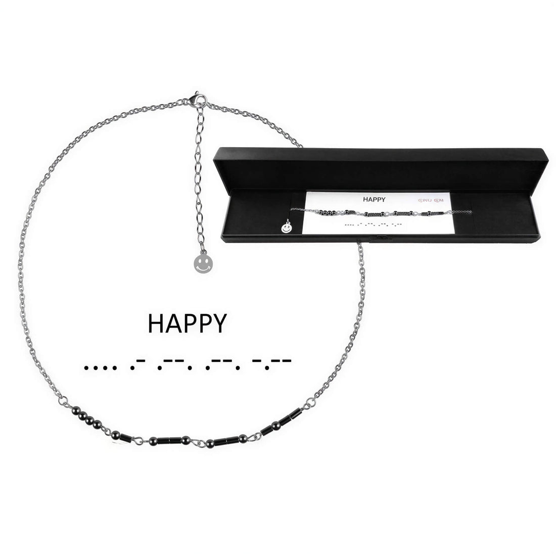 Zwarte edelstenen ketting met zilver edelstaal en hematiet stenen die het woord HAPPY in morse code weer geeft in mooi sieradendoosje | Morse Code Happy Black Hematite Silver