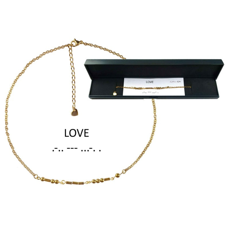 Gouden edelstenen ketting met goud edelstaal en hematiet stenen die het woord LOVE in morse code weer geeft en sieraden doosjes | Morse Code Love Gold Hematite