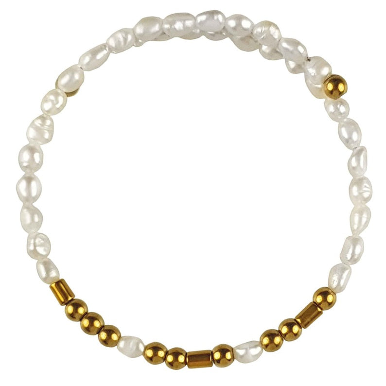 Wit zoetwater parel wikkelarmband met edelsteen goud hematiet | Cadeau set zoetwater parel armband Morse Code BFF Pearl Gold