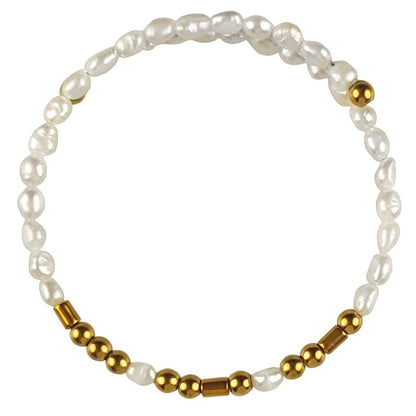 Wit zoetwater parel wikkelarmband met edelsteen goud hematiet | Cadeau set zoetwater parel armband Morse Code BFF Pearl Gold