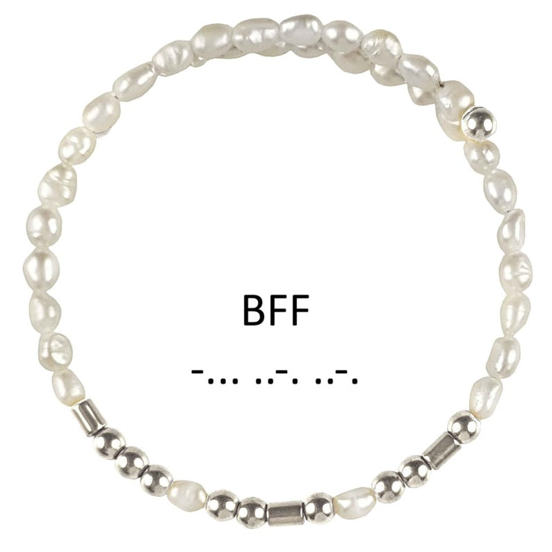 Wit zoetwater parel wikkelarmband met edelsteen zilver hematiet | Cadeau set zoetwater parel armband Morse Code BFF Pearl Silver