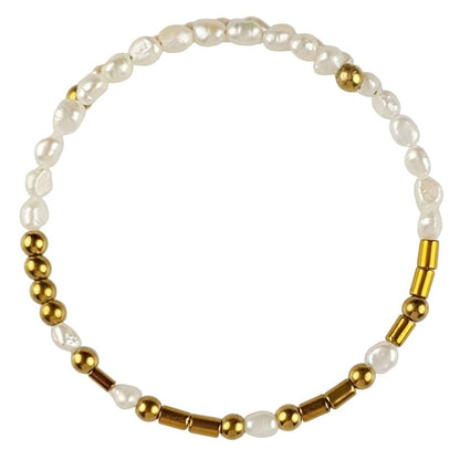 Wit zoetwater parel wikkelarmband met verbogen boodschap HAPPY in morse code in gouden edelstenen | Cadeau set zoetwater parel armband Morse Code Happy Pearl Gold