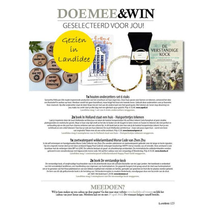 Wit zoetwater parel wikkelarmband met verbogen boodschap HAPPY in morse code in gouden edelstenen gezien in tijdschrift Landidee  | Cadeau set zoetwater parel armband Morse Code Happy Pearl Gold