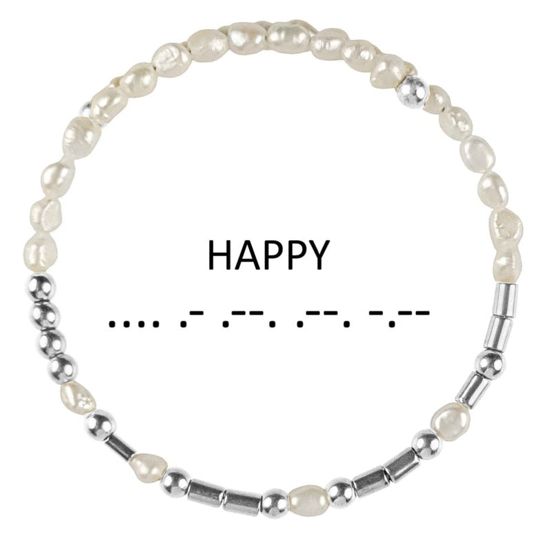 Wit zoetwater parel wikkelarmband met verbogen boodschap HAPPY in Morse code van zilveren edelstenen | Cadeau set zoetwater parel armband Morse Code Happy Pearl Silver