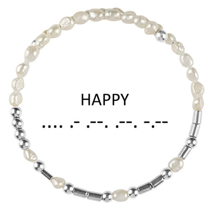 Wit zoetwater parel wikkelarmband met verbogen boodschap HAPPY in Morse code van zilveren edelstenen | Cadeau set zoetwater parel armband Morse Code Happy Pearl Silver