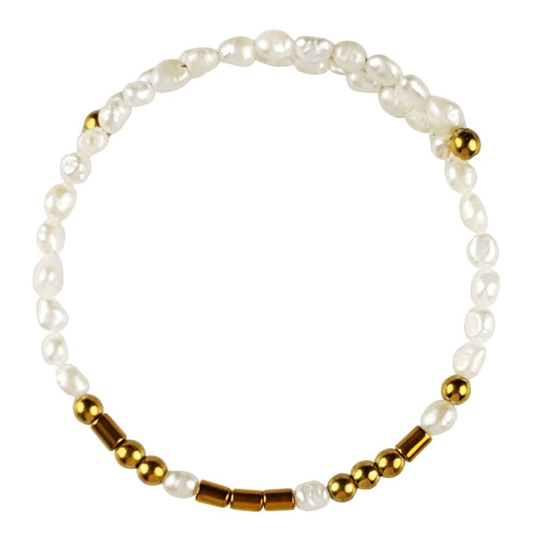Wit zoetwater parel wikkelarmband met verborgen boodschap LOVE in Morse code met edelsteen goud hematiet | Cadeau set zoetwater parel armband Morse Code LOVE Pearl Gold