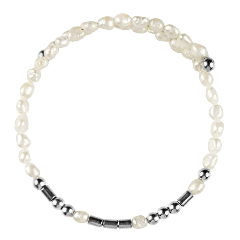 Wit zoetwater parel wikkelarmband met verborgen boodschap in Morse code met edelsteen zilver hematiet | Cadeau set zoetwater parel armband Morse Code LOVE Pearl Silver