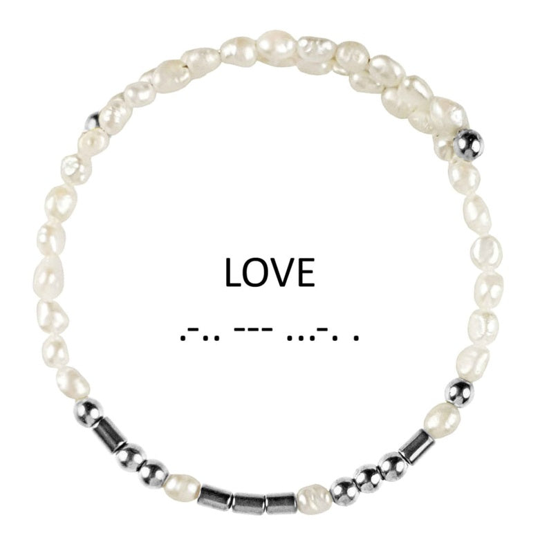 Wit zoetwater parel wikkelarmband met verborgen boodschap in Morse code met edelsteen zilver hematiet | Cadeau set zoetwater parel armband Morse Code LOVE Pearl Silver