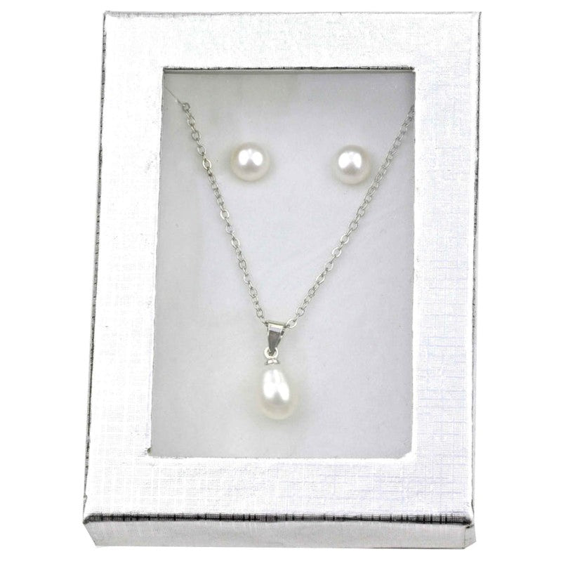 Cadeau set met witte zoetwater parelketting en parel oorknopjes in geschenk verpakking | Cadeau set Single Pearl W