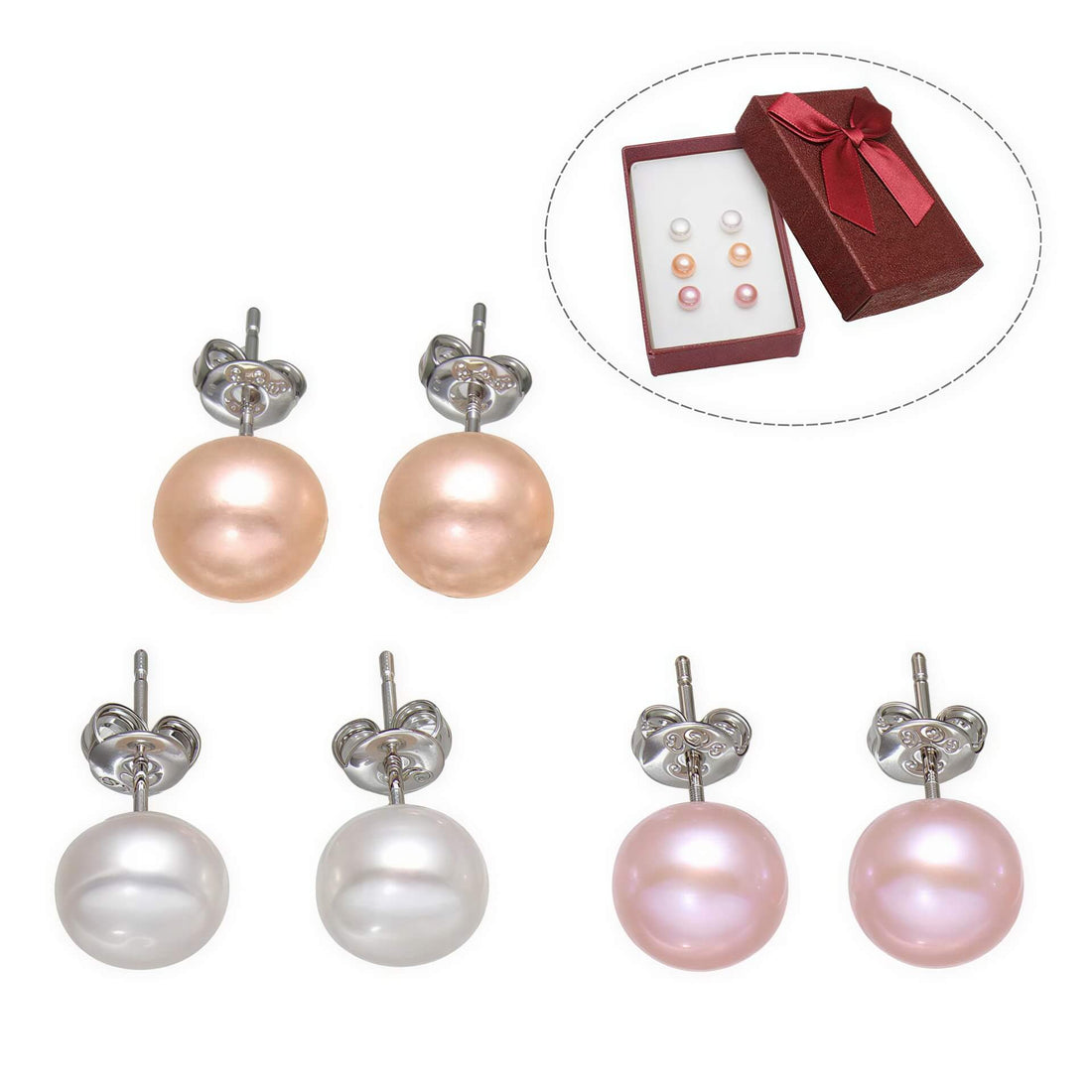 Cadeau set met 3 paar parel oorknopjes, wit, zalm en roze in geschenkverpakking | Cadeau set oorbellen Lea Mea Zea