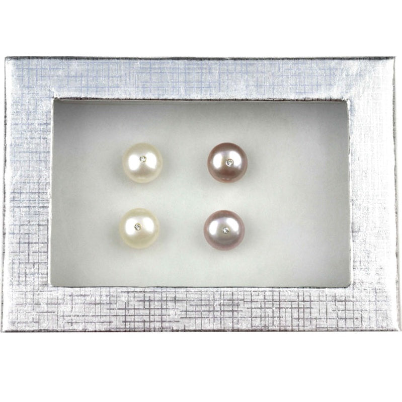Cadeau set met 2 paar (roze en wit) zoetwater parel oorknopjes met stras steentje | Cadeau set Mea Bling W-P