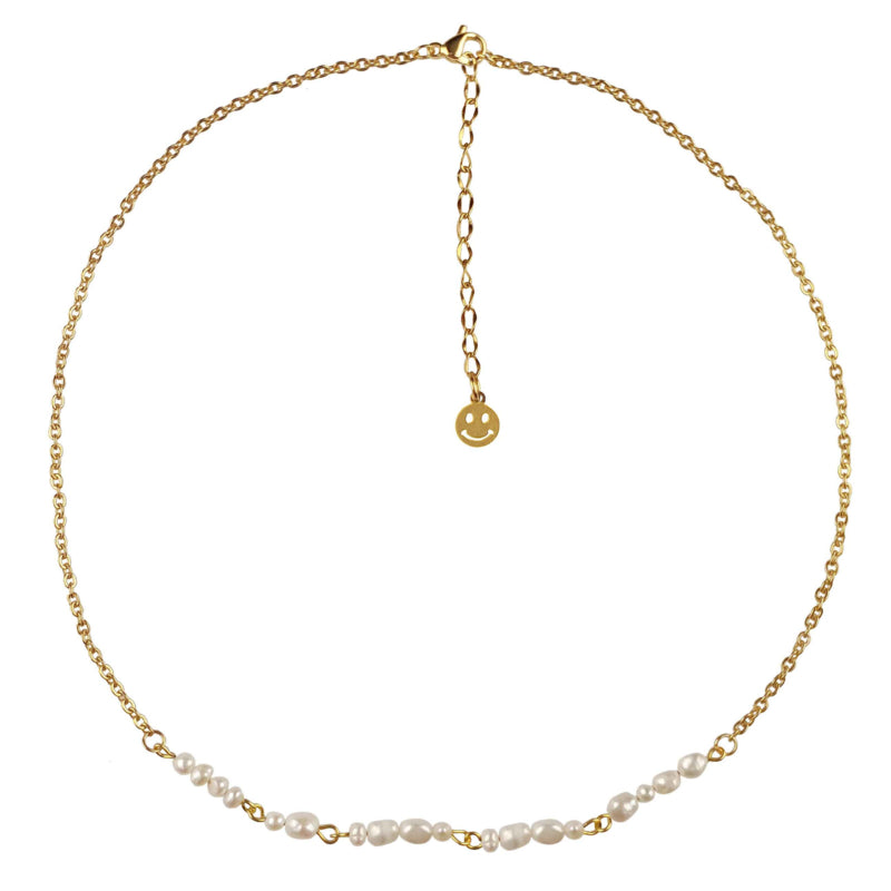 Zoetwater parelketting met goud edelstaal en witte parels die het woord HAPPY in morse code weer geeft | Morse Code Happy Pearl Gold