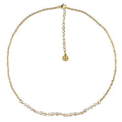 Zoetwater parelketting met goud edelstaal en witte parels die het woord HAPPY in morse code weer geeft | Morse Code Happy Pearl Gold