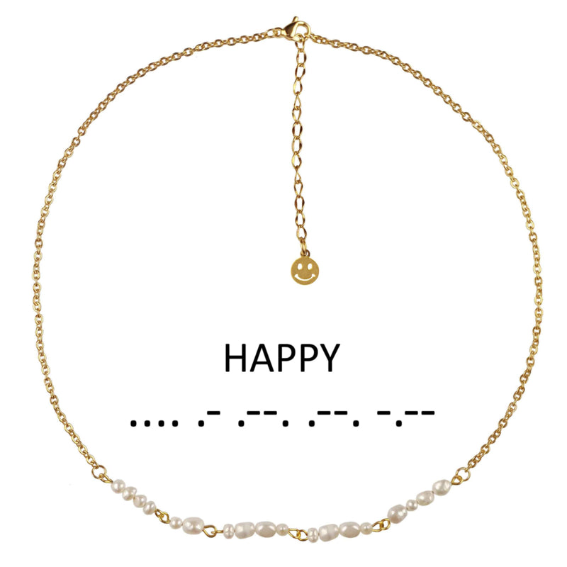 Zoetwater parelketting met goud edelstaal en witte parels die het woord HAPPY in morse code weer geeft | Morse Code Happy Pearl Gold