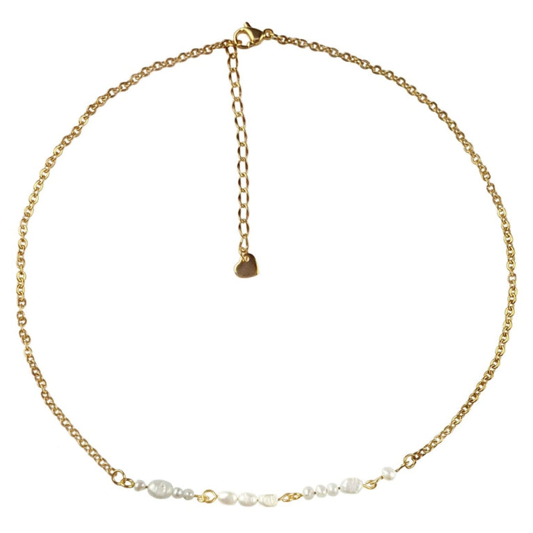 Zoetwater parelketting met goud edelstaal en witte parels die het woord LOVE in morse code weer geeft | Morse Code Love Pearl Gold