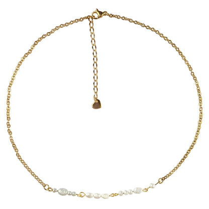 Zoetwater parelketting met goud edelstaal en witte parels die het woord LOVE in morse code weer geeft | Morse Code Love Pearl Gold