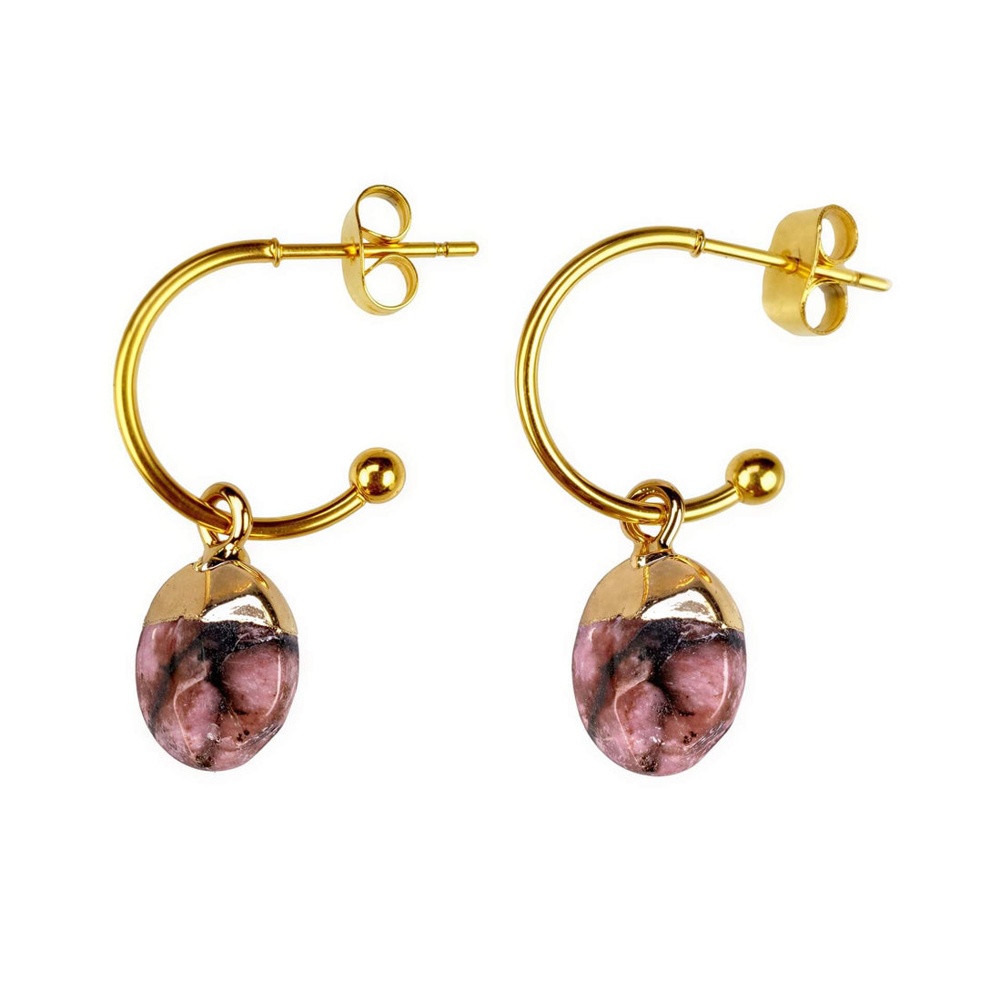 Edelstenen oorbellen met rhodoniet en goud edelstalen oorringen | Golden Hope 15 mm Rhodonite