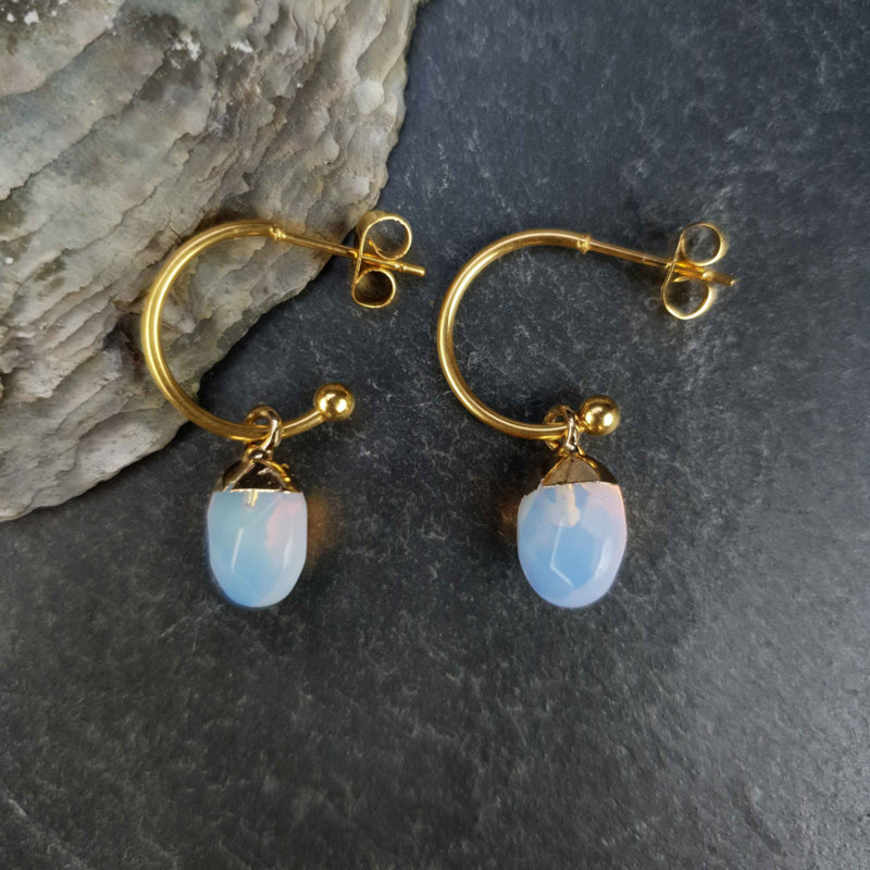 Opaal edelstenen oorbellen met goud edelstaal met achtergrond steen | Golden Hope 15 mm Sea Opal