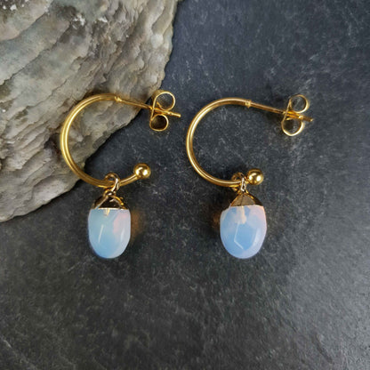 Opaal edelstenen oorbellen met goud edelstaal met achtergrond steen | Golden Hope 15 mm Sea Opal