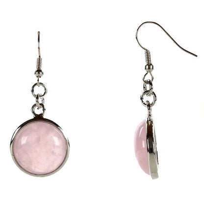 Roze edelstenen oorbellen met rozenkwarts en sterling zilveren oorbelhaakjes, voor- en zijaanzicht, rozenkwarts oorhangers | Rosé Quartz Round