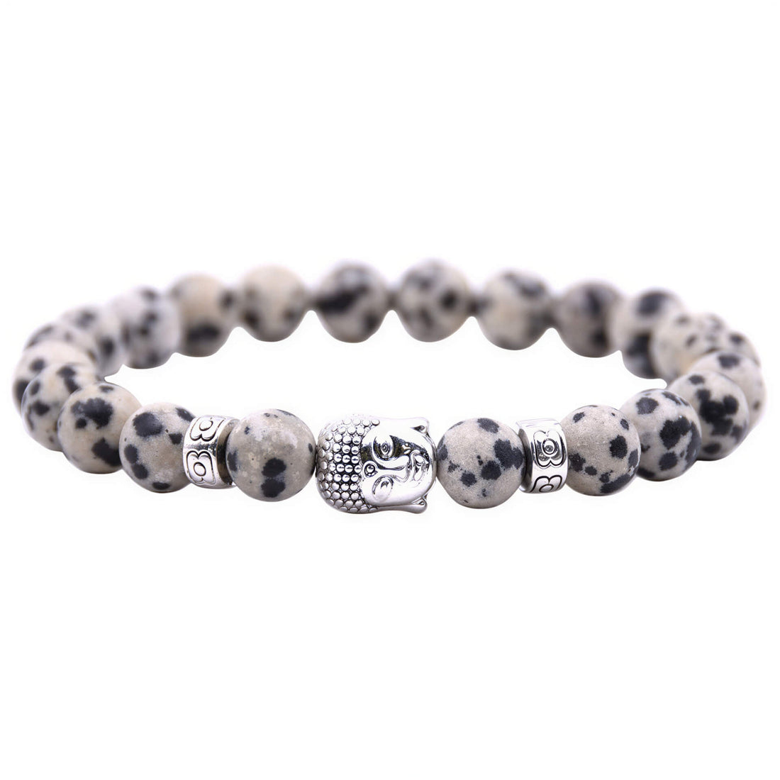 Edelstenen armband met dalmatiër jaspis en een Boeddha hoofd | Elastisch | Buddha Dalmatian