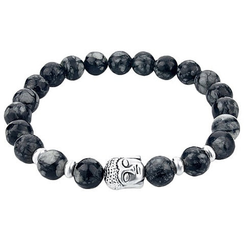 Edelstenen armband met zwart grijze edelsteen en zilver kleurige Boeddha | Elastisch | Buddha Snowflake Obsidian