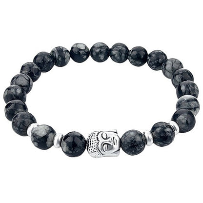 Edelstenen armband met zwart grijze edelsteen en zilver kleurige Boeddha | Elastisch | Buddha Snowflake Obsidian