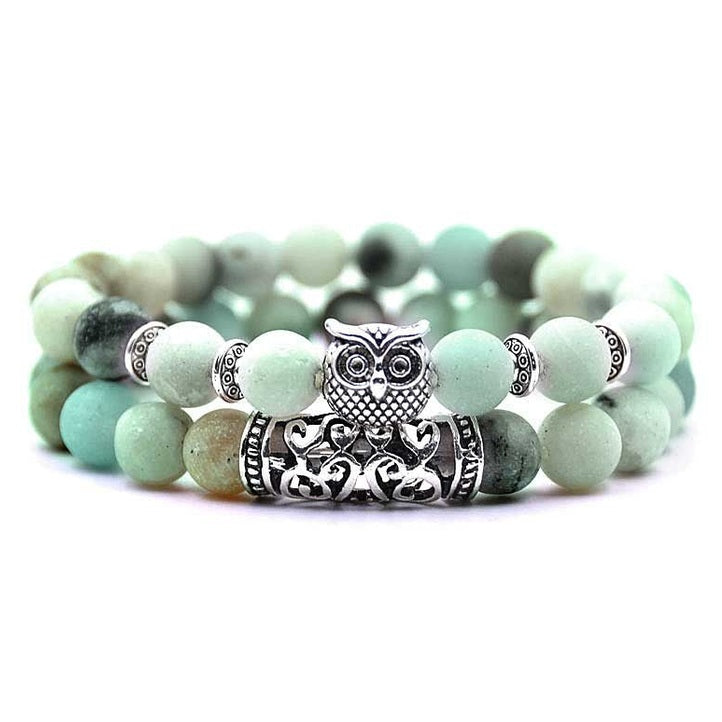 Edelstenen armband met amazoniet en zilveren uil | Elastisch | Frozen Amazonite Silver Owl