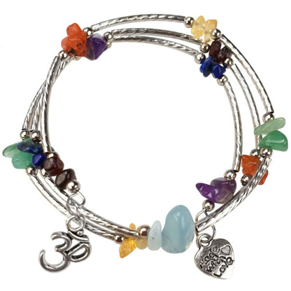 Edelstenen wikkelarmband met veel soorten en kleuren edelstenen en aum teken | Gemstone 3 Loops Ohm