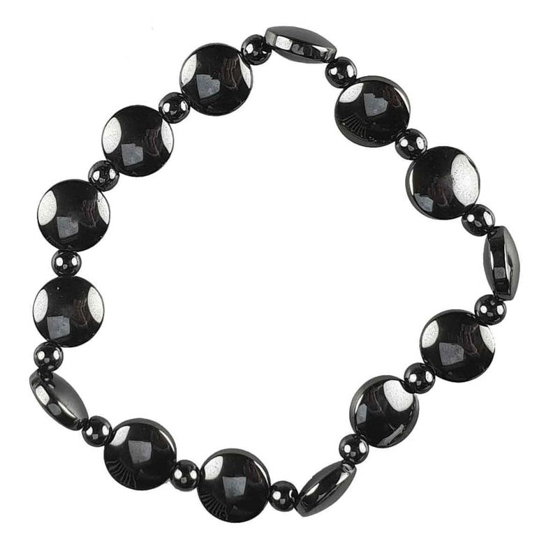 Zwarte edelstenen armband met hematiet, elastisch | set Hematite Coin (AO)