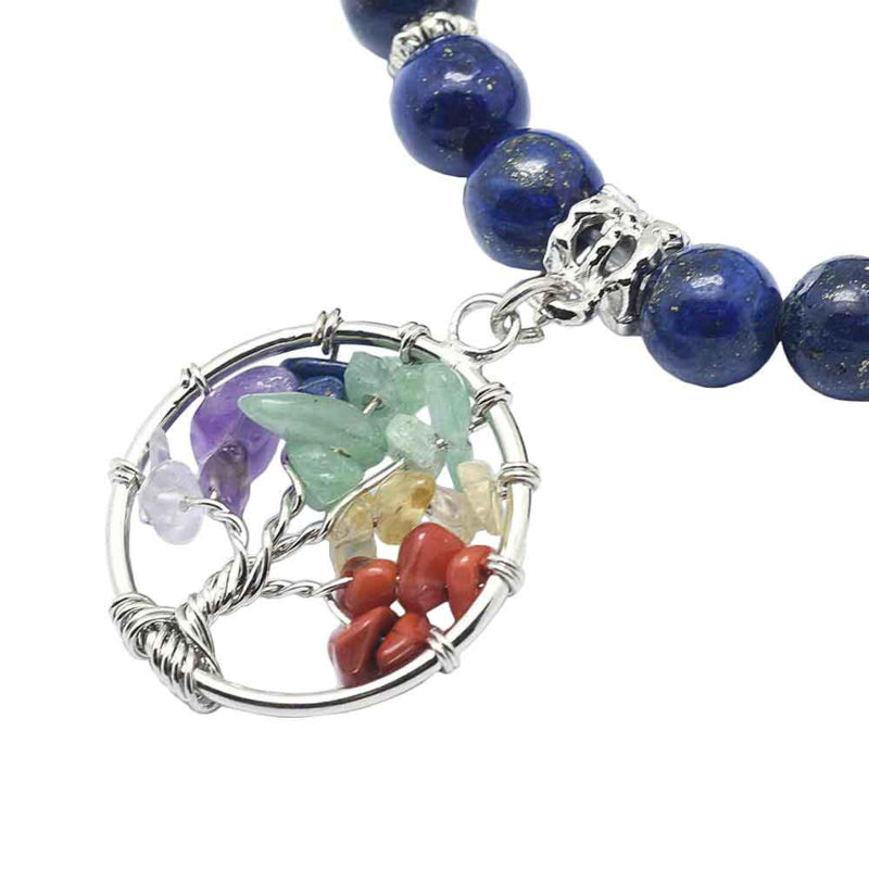 Detail van blauw edelstenen armband met levensboom en lapis lazuli stenen- elastisch - Lapis Lazuli Tree of Life