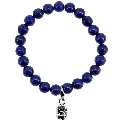 Blauw edelstenen armband met lapis lazuli en boeddha bedeltje bovenaanzicht | Lapis Lazuli Silver Dangling Buddha Head